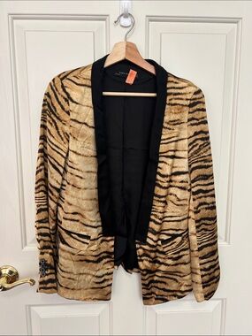 Zara Tiger-Print Open-Front Sweater Blazer - Tan & Black